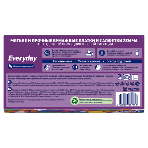 Салфетки косметические 100 штук в картонном боксе, 2-слойные, ZEMMA/ZEWA Everyday, 62861