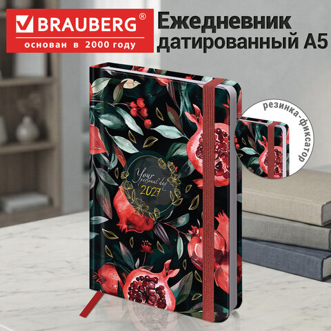 Ежедневник датированный 2027 с резинкой, 145х203 мм, А5, BRAUBERG, твердый, фольга, "Pomegranate", 117819