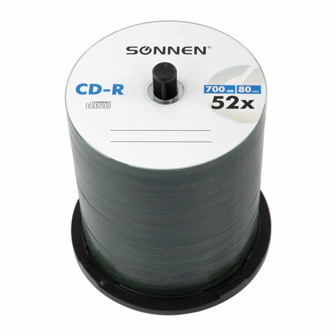 Диск CD-R SONNEN, 700 Mb, 52x, Cake Box (упаковка на шпиле) КОМПЛЕКТ 100 шт., 513533