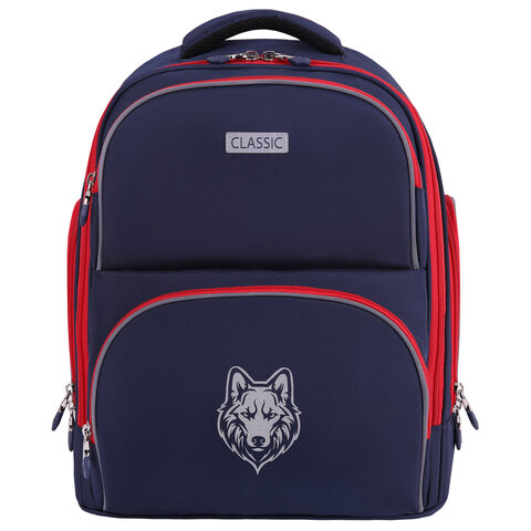 Рюкзак BRAUBERG CLASSIC, легкий каркас, премиум материал, "Wild wolf", синий, 37х32х21 см, 271393