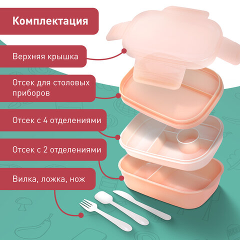 Ланч-бокс контейнер, 3 секции, 8 отделений, 1,9 л, ложка, вилка, нож, 10х21х14 см, персиковый, JOYLUX (ДЖОЙЛЮКС), 609351