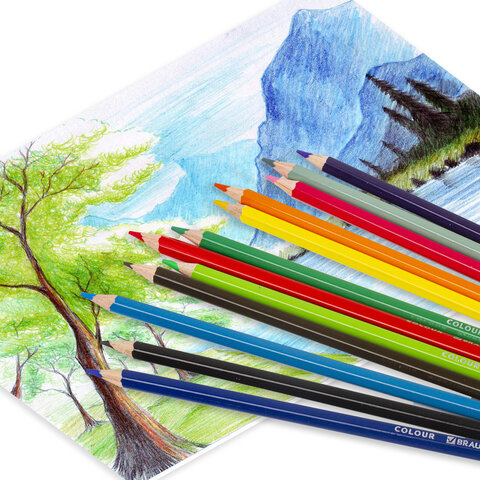 Карандаши цветные BRAUBERG PREMIUM, 12 цветов, шестигранные, грифель 3,3 мм, натуральное дерево, 181656