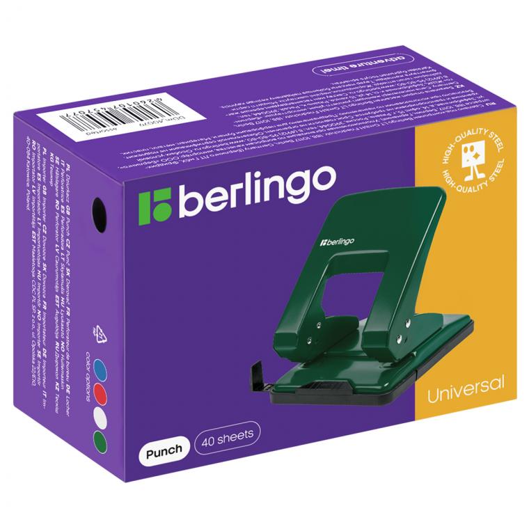 Дырокол Berlingo "Universal" 40л., металлический, ассорти, с линейкой