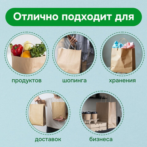 Крафт-пакет бумажный 22х12х25 см, КОМПЛЕКТ 50 шт., крученые ручки, плотность 90 г/м2, LAIMA ECO CRAFT, 609684