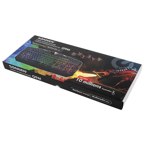 Клавиатура проводная игровая SONNEN Q9M, USB, 114 клавиш, РАДУЖНАЯ LED-подсветка, черная, 513511