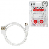 Кабель USB2.0 – Type-C, 1 м, SONNEN, медь, для передачи данных и зарядки, белый, 513558