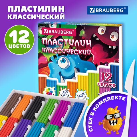 Пластилин классический, кросс-серия "МОНСТРИКИ", 12 цветов, 240 г, СТЕК, ВЫСШЕЕ КАЧЕСТВО, BRAUBERG, 107356