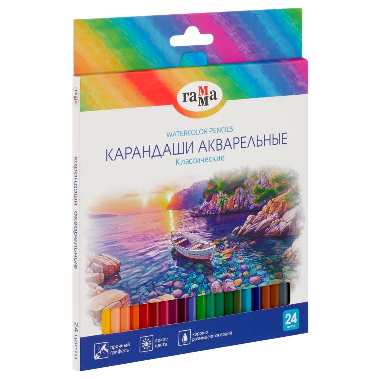 Карандаши акварельные Гамма "Классические", 24цв., шестигранные, заточен., картон. упак., европодвес