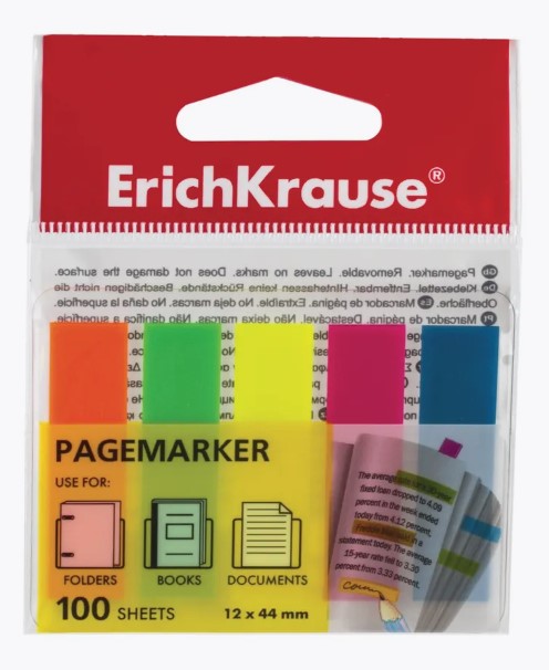 Закладки клейкие ERICH KRAUSE "Neon", 44х12 мм, 5 цветов х 20 листов, в пластиковой книжке, 31177