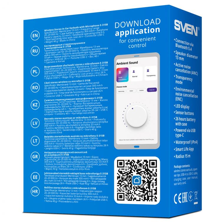 Наушники с микрофоном беспроводные Sven E-315B, TWS Bluetooth, разъем Type-C, черный