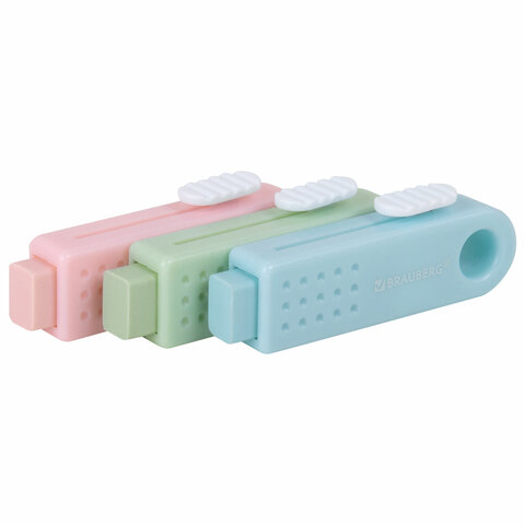 Ластики выдвижные BRAUBERG "Slider Mini", НАБОР 3 ШТУКИ, 68х18х12 мм, пастельные цвета, блистер, 271992