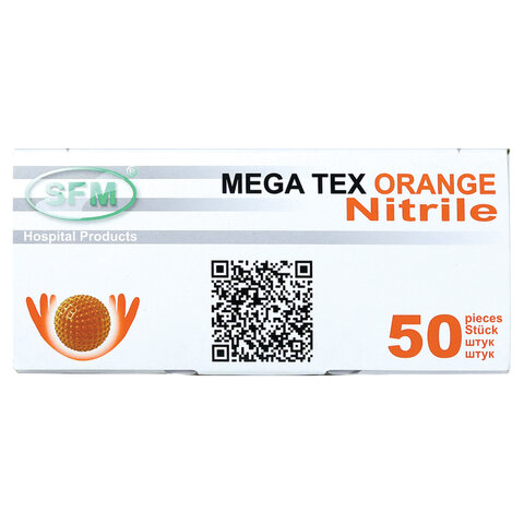 Перчатки нитриловые сверхпрочные с текстурой SFM MEGA TEX ORANGE, Германия, 25 пар (50 штук), размер M (средний), 4036534913208
