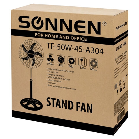 Вентилятор напольный, 3 режима, SONNEN TF-50W-45-А304, d=45 см, 50 Вт, черный, 454789