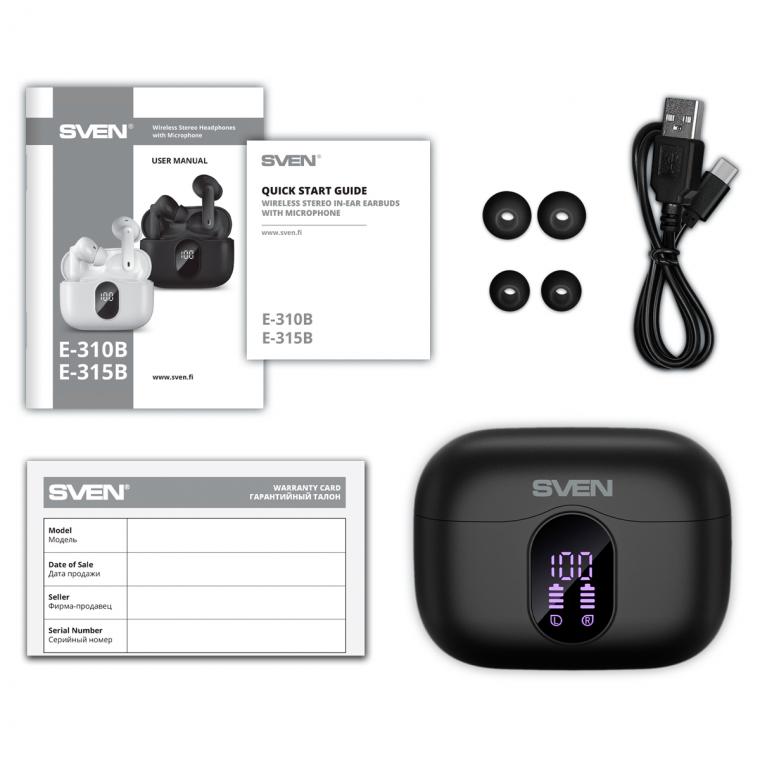 Наушники с микрофоном беспроводные Sven E-315B, TWS Bluetooth, разъем Type-C, черный