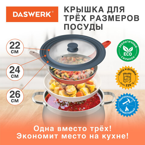Крышка для любой сковороды и кастрюли универсальная 3 размера (22-24-26 см) антрацит, DASWERK (ДАСВЕРК), 607586