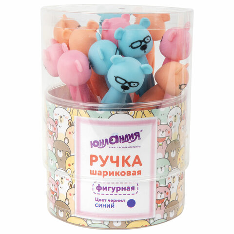 Ручка фигурная шариковая ЮНЛАНДИЯ "Мишка", мягкий силиконовый корпус, ассорти, СИНЯЯ, пишущий узел 0,7 мм, 143780