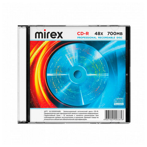 Диск CD-R MIREX, 700 Мб, 48x, Slim Case, КОМПЛЕКТ 5 шт., UL120051A8F