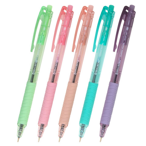 Ручки шариковые автоматические с грипом BRAUBERG "CLASSIC PASTEL", СИНИЕ, НАБОР 5 ШТ., пишущий узел 0,5 мм, линия письма 0,35 мм, 144470