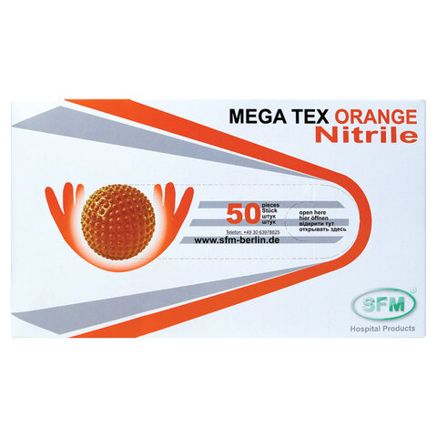 Перчатки нитриловые сверхпрочные с текстурой SFM MEGA TEX ORANGE, Германия, 25 пар (50 штук), размер XL (очень большой), 4036534915202