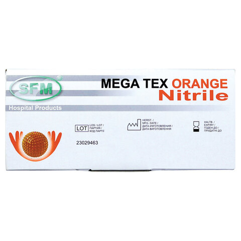 Перчатки нитриловые сверхпрочные с текстурой SFM MEGA TEX ORANGE, Германия, 25 пар (50 штук), размер M (средний), 4036534913208