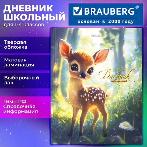 Дневник 1-4 класс 48 л., твердый, BRAUBERG, выборочный лак, с подсказом, "Оленёнок", 107595