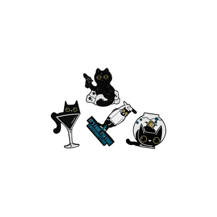 УЦЕНКА - Набор металлических значков MESHU "Black cats", эмаль, 4шт, картонная подложка, европодвес (осн 368830)