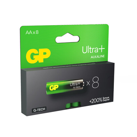 Батарейки КОМПЛЕКТ 8 шт., GP Ultra Plus G-Tech, AA (LR6), алкалиновые, пальчиковые, 15AUPA21-2CRB8