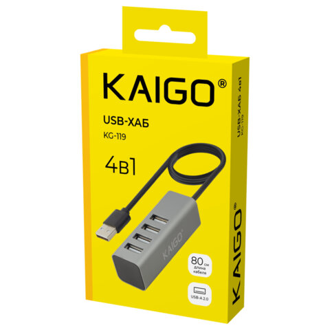 Хаб-разветвитель KG-119, USB-A 2.0, 4 в 1, 4 x USB-A 2.0, 80 cм, серый, KAIGO (КАЙГО), 355066