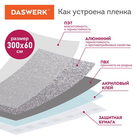 Самоклеящаяся пленка, алюминиевая фольга защитная для кухни/дома, 0,6х3 м, серебро, узор, DASWERK (ДАСВЕРК), 607846