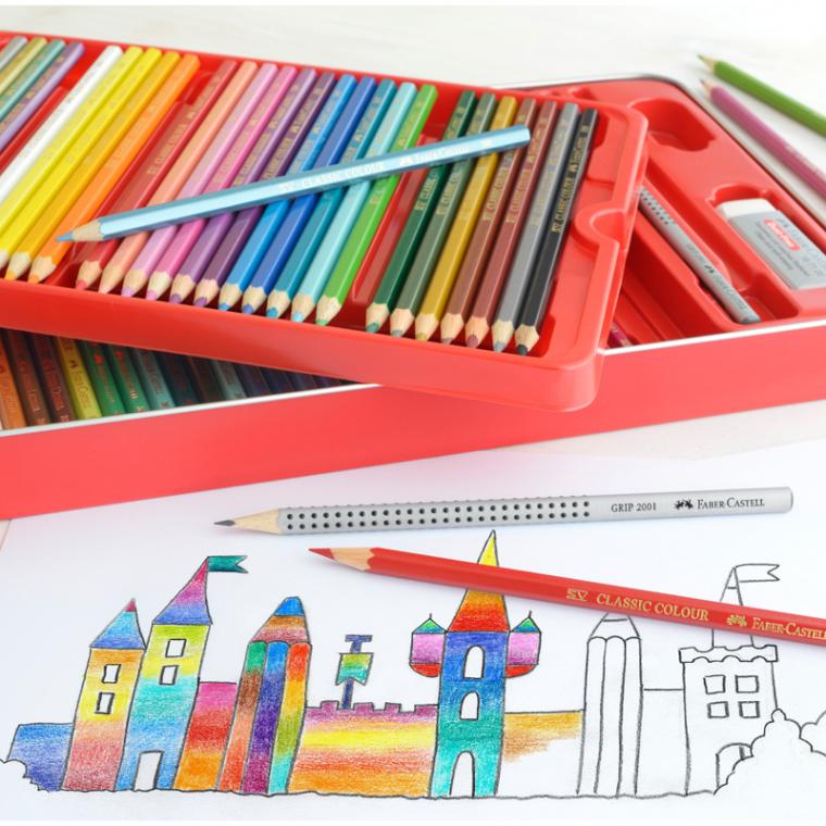 Карандаши цветные Faber-Castell "Замок", 60цв., шестигр., заточ.+2ч/г кар. Grip+ластик+точилка, метал. коробка