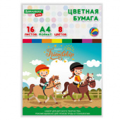 Цветная бумага А4 офсетная, 16 листов, 8 цветов, папка, индивидуальная упаковка, BRAUBERG KIDS, 200х280 мм, "Друзья", 115162