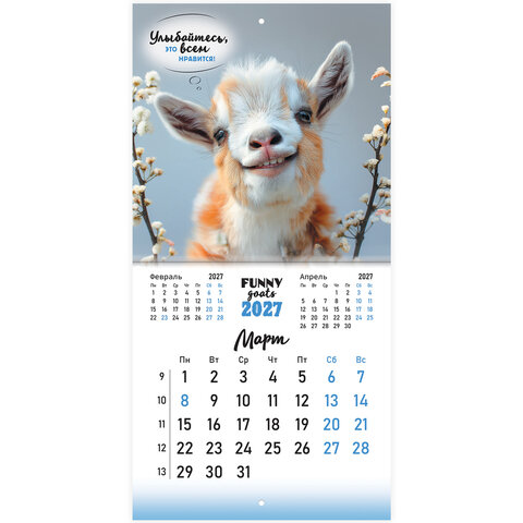 Календарь настенный перекидной 2027 г., BRAUBERG, 12 листов, 21,4х42,8 см, МИНИ, "Funny goats", 118432