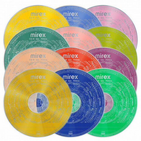 Диск CD-R MIREX Random Color, 700 Мб, 48x, Cake Box (упаковка на шпиле), КОМПЛЕКТ 50 шт., цветные, UL120009A8B