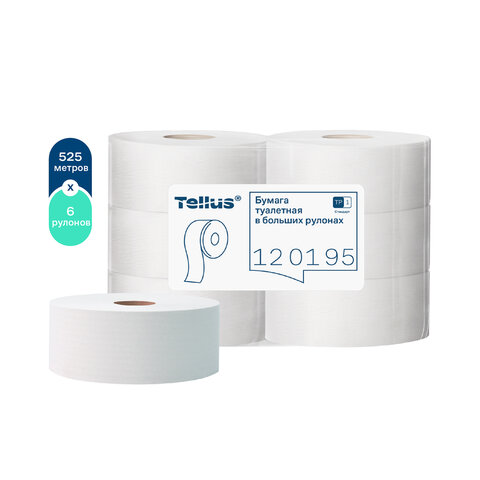 Бумага туалетная 525 м, БОЛЬШОЙ РУЛОН, Tellus/TORK (Система T1) UNIVERSAL, КОМПЛЕКТ 6 рулонов, 1-слойная, 120195
