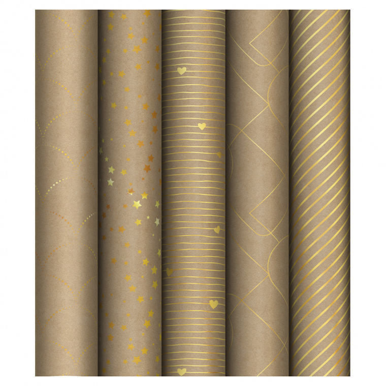 Упаковочная бумага крафт 70*100см, MESHU "Golden Pattern", 80г/м2, отд. фольгой, ассорти 5 дизайнов