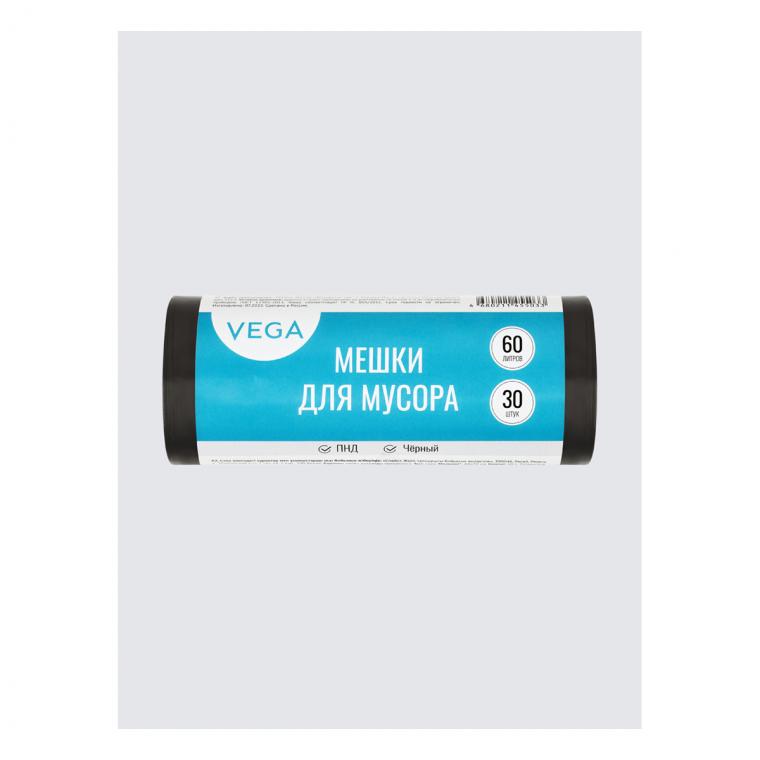 Мешки для мусора  60л Vega ПНД, 60*70см, 8мкм, 30шт., черные, в рулоне