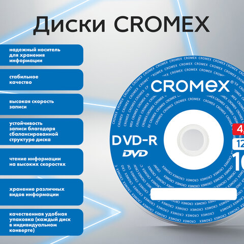 Диск DVD-R в конверте КОМПЛЕКТ 50 шт., 4,7 Gb, 16x, CROMEX (КРОМЕКС), 513798