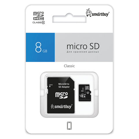 Карта памяти micro SDHC, 8 GB, SMARTBUY, 10 Мб/сек. (class 10), с адаптером, SB8GBSDCL10-01
