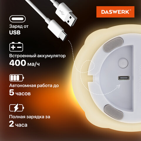 Ночник силиконовый LED "Альпака" 85x103x130 мм, белый свет/RGB, таймер, USB, аккумулятор 400 мАч, DASWERK (ДАСВЕРК), 238934