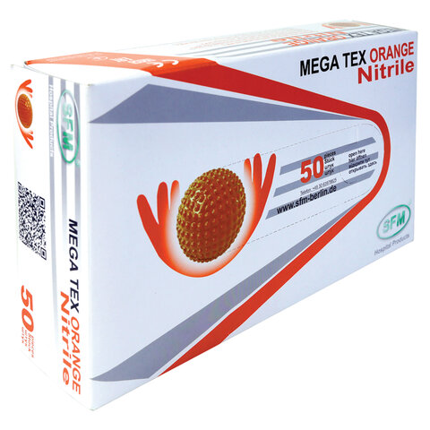 Перчатки нитриловые сверхпрочные с текстурой SFM MEGA TEX ORANGE, Германия, 25 пар (50 штук), размер XL (очень большой), 4036534915202
