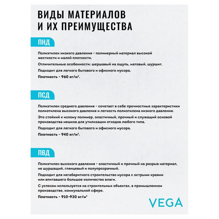 Мешки для мусора  120л Vega ПНД, 70*110см, 15мкм, 10шт., прочные, черные, в рулоне