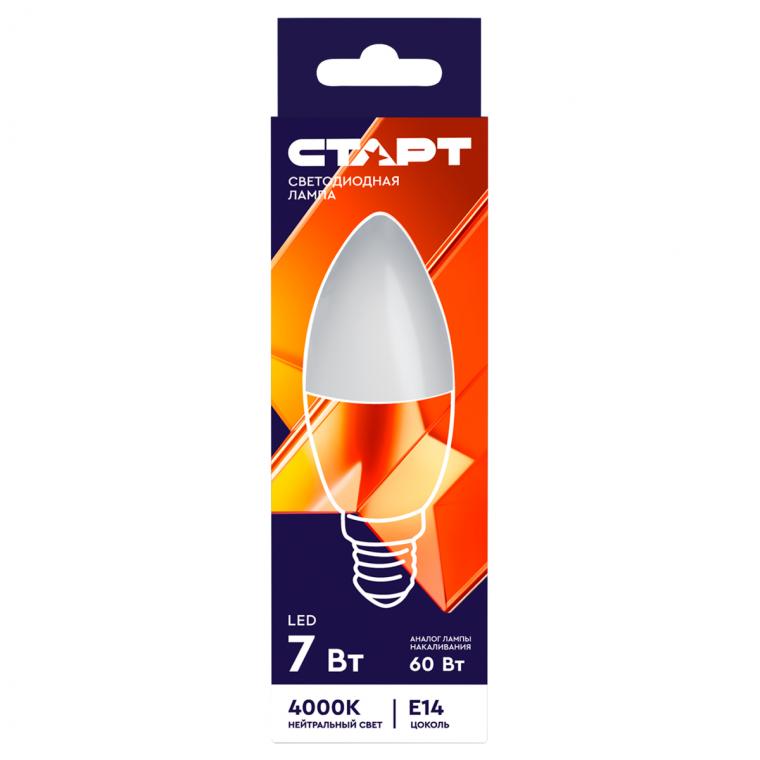 Лампа светодиодная Старт LED, серия "WS" 7W40, тип С "свеча", E14, 4000К, нейтральный свет, 25000ч