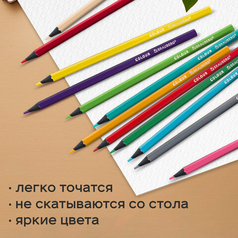 Карандаши цветные BRAUBERG, 24 цвета, шестигранные, грифель 3,3 мм, черное дерево, 181858
