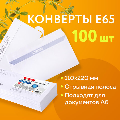 Конверты Е65 (110х220 мм), отрывная лента, Куда-Кому, внутренняя запечатка, КОМПЛЕКТ 100 шт., BRAUBERG, 112195