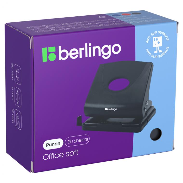Дырокол Berlingo "Office Soft" 20л., пластиковый, синий, с линейкой