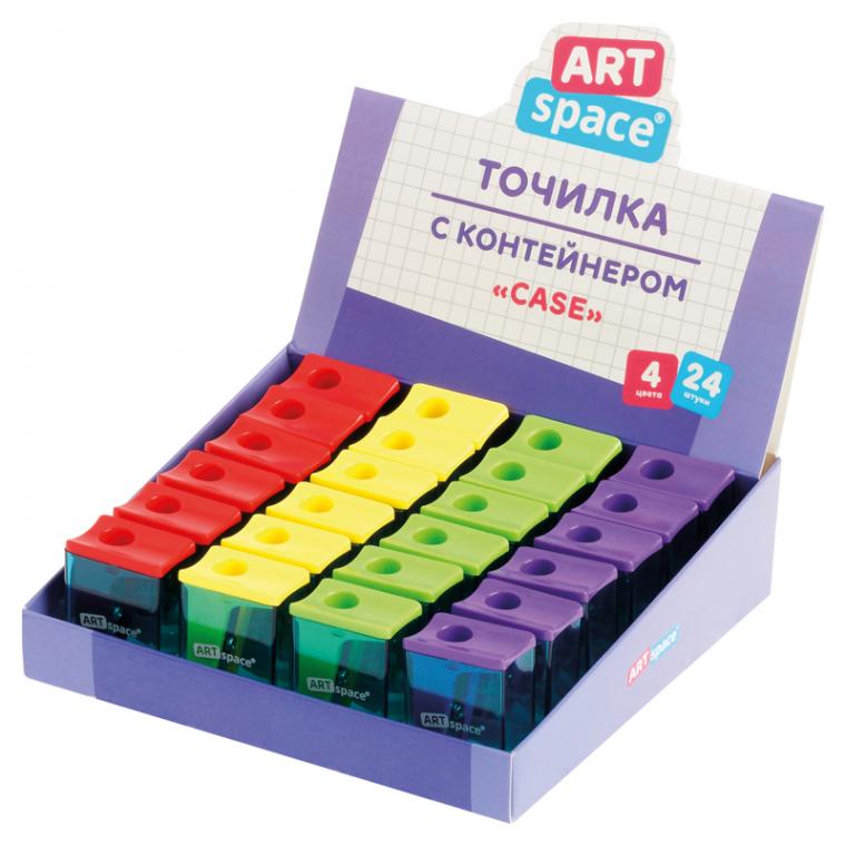 Точилка пластиковая ArtSpace "Case", 1 отверстие, с контейнером, ассорти