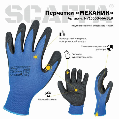 Перчатки нейлоновые SCAFFA "Механик", нитриловое покрытие песочной структуры (облив), размер 8, M (средний), 00-00012438