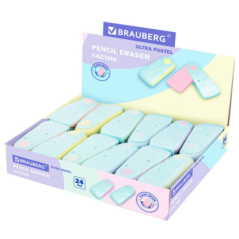 Ластик BRAUBERG "ULTRA PASTEL", 57х24х15 мм, пастельные цвета ассорти, бирюзовый пластиковый держатель, 272688