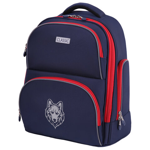 Рюкзак BRAUBERG CLASSIC, легкий каркас, премиум материал, "Wild wolf", синий, 37х32х21 см, 271393