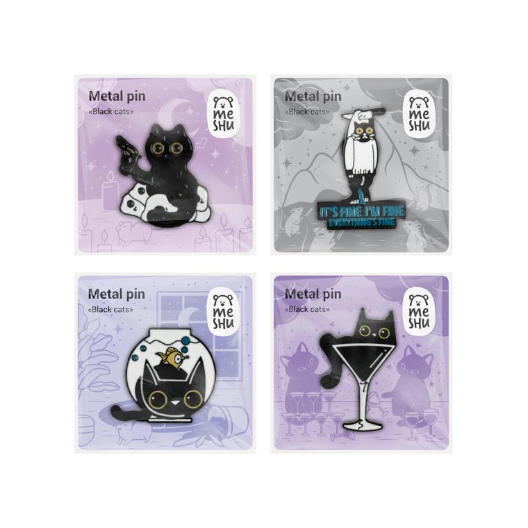 УЦЕНКА - Набор металлических значков MESHU "Black cats", эмаль, 4шт, картонная подложка, европодвес (осн 368830)